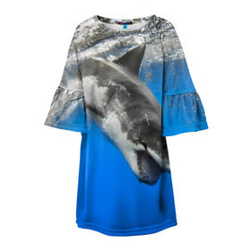 Детское платье 3D с принтом Акула в Санкт-Петербурге, 100% полиэстер | прямой силуэт, чуть расширенный к низу. Круглая горловина, на рукавах — воланы | shark | море | синий | челюсти