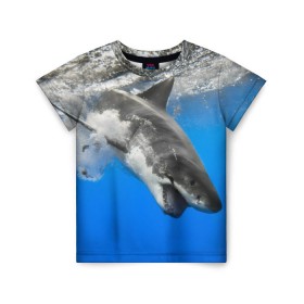 Детская футболка 3D с принтом Акула в Санкт-Петербурге, 100% гипоаллергенный полиэфир | прямой крой, круглый вырез горловины, длина до линии бедер, чуть спущенное плечо, ткань немного тянется | shark | море | синий | челюсти