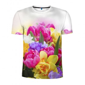 Мужская футболка 3D спортивная с принтом Нежность в Санкт-Петербурге, 100% полиэстер с улучшенными характеристиками | приталенный силуэт, круглая горловина, широкие плечи, сужается к линии бедра | желтый | красный | любовь | новинки | подарок | розы | сердце | текстура | тюльпаны | цветы