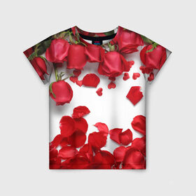 Детская футболка 3D с принтом Сильные чуства в Санкт-Петербурге, 100% гипоаллергенный полиэфир | прямой крой, круглый вырез горловины, длина до линии бедер, чуть спущенное плечо, ткань немного тянется | Тематика изображения на принте: желтый | красный | любовь | новинки | подарок | розы | сердце | текстура | тюльпаны | цветы