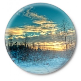 Значок с принтом Winter sunset в Санкт-Петербурге,  металл | круглая форма, металлическая застежка в виде булавки | Тематика изображения на принте: закат | лес зима | пейзаж