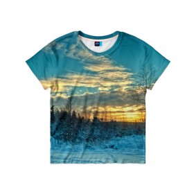 Детская футболка 3D с принтом Winter sunset в Санкт-Петербурге, 100% гипоаллергенный полиэфир | прямой крой, круглый вырез горловины, длина до линии бедер, чуть спущенное плечо, ткань немного тянется | Тематика изображения на принте: закат | лес зима | пейзаж