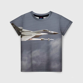 Детская футболка 3D с принтом Атака МиГ-29 в Санкт-Петербурге, 100% гипоаллергенный полиэфир | прямой крой, круглый вырез горловины, длина до линии бедер, чуть спущенное плечо, ткань немного тянется | Тематика изображения на принте: самолет