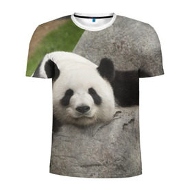 Мужская футболка 3D спортивная с принтом Панда на камушке в Санкт-Петербурге, 100% полиэстер с улучшенными характеристиками | приталенный силуэт, круглая горловина, широкие плечи, сужается к линии бедра | бамбук | животное | медведь