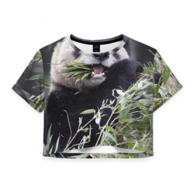 Женская футболка 3D укороченная с принтом Панда кушает в Санкт-Петербурге, 100% полиэстер | круглая горловина, длина футболки до линии талии, рукава с отворотами | бамбук | животное | медведь