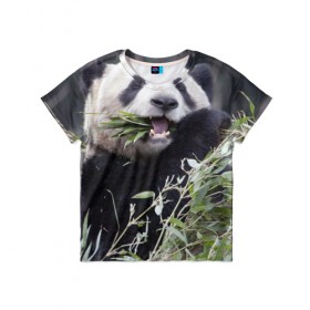 Детская футболка 3D с принтом Панда кушает в Санкт-Петербурге, 100% гипоаллергенный полиэфир | прямой крой, круглый вырез горловины, длина до линии бедер, чуть спущенное плечо, ткань немного тянется | бамбук | животное | медведь