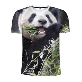 Мужская футболка 3D спортивная с принтом Панда кушает в Санкт-Петербурге, 100% полиэстер с улучшенными характеристиками | приталенный силуэт, круглая горловина, широкие плечи, сужается к линии бедра | бамбук | животное | медведь