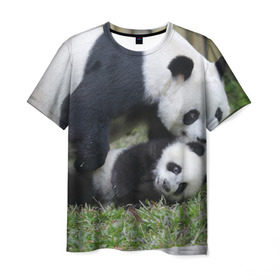 Мужская футболка 3D с принтом Мамочка и сыночек панды в Санкт-Петербурге, 100% полиэфир | прямой крой, круглый вырез горловины, длина до линии бедер | бамбук | животное | медведь