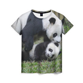 Женская футболка 3D с принтом Мамочка и сыночек панды в Санкт-Петербурге, 100% полиэфир ( синтетическое хлопкоподобное полотно) | прямой крой, круглый вырез горловины, длина до линии бедер | бамбук | животное | медведь