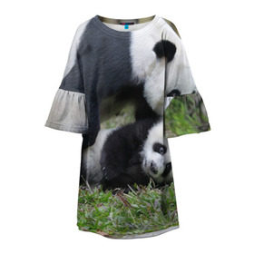 Детское платье 3D с принтом Мамочка и сыночек панды в Санкт-Петербурге, 100% полиэстер | прямой силуэт, чуть расширенный к низу. Круглая горловина, на рукавах — воланы | бамбук | животное | медведь
