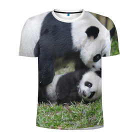 Мужская футболка 3D спортивная с принтом Мамочка и сыночек панды в Санкт-Петербурге, 100% полиэстер с улучшенными характеристиками | приталенный силуэт, круглая горловина, широкие плечи, сужается к линии бедра | бамбук | животное | медведь