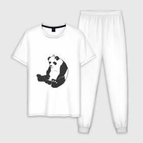 Мужская пижама хлопок с принтом Задумчивый панда в Санкт-Петербурге, 100% хлопок | брюки и футболка прямого кроя, без карманов, на брюках мягкая резинка на поясе и по низу штанин
 | бамбук | животное | медведь