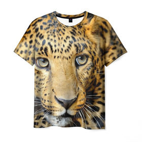 Мужская футболка 3D с принтом Леопард в Санкт-Петербурге, 100% полиэфир | прямой крой, круглый вырез горловины, длина до линии бедер | Тематика изображения на принте: властелин | глаз | грация | животные | зверь | кот | кошачий | кошки | крупный | леопард | лес | млекопитающее | природа | пятна | рыжий | усатый | усы | фауна | флора | хищник | хозяин | царь джунгли