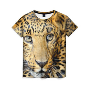 Женская футболка 3D с принтом Леопард в Санкт-Петербурге, 100% полиэфир ( синтетическое хлопкоподобное полотно) | прямой крой, круглый вырез горловины, длина до линии бедер | властелин | глаз | грация | животные | зверь | кот | кошачий | кошки | крупный | леопард | лес | млекопитающее | природа | пятна | рыжий | усатый | усы | фауна | флора | хищник | хозяин | царь джунгли