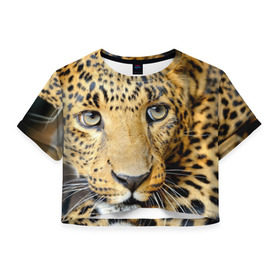 Женская футболка 3D укороченная с принтом Леопард в Санкт-Петербурге, 100% полиэстер | круглая горловина, длина футболки до линии талии, рукава с отворотами | властелин | глаз | грация | животные | зверь | кот | кошачий | кошки | крупный | леопард | лес | млекопитающее | природа | пятна | рыжий | усатый | усы | фауна | флора | хищник | хозяин | царь джунгли