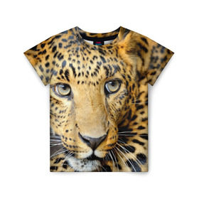Детская футболка 3D с принтом Леопард в Санкт-Петербурге, 100% гипоаллергенный полиэфир | прямой крой, круглый вырез горловины, длина до линии бедер, чуть спущенное плечо, ткань немного тянется | Тематика изображения на принте: властелин | глаз | грация | животные | зверь | кот | кошачий | кошки | крупный | леопард | лес | млекопитающее | природа | пятна | рыжий | усатый | усы | фауна | флора | хищник | хозяин | царь джунгли
