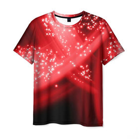 Мужская футболка 3D с принтом Звёздный шлейф в Санкт-Петербурге, 100% полиэфир | прямой крой, круглый вырез горловины, длина до линии бедер | Тематика изображения на принте: абстракция | блеск | гламур | звёздочка | звёзды | красный | огни