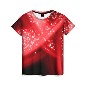Женская футболка 3D с принтом Звёздный шлейф в Санкт-Петербурге, 100% полиэфир ( синтетическое хлопкоподобное полотно) | прямой крой, круглый вырез горловины, длина до линии бедер | Тематика изображения на принте: абстракция | блеск | гламур | звёздочка | звёзды | красный | огни