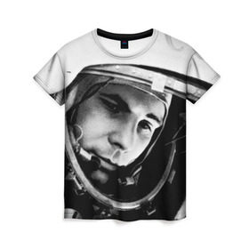 Женская футболка 3D с принтом Юрий Гагарин в Санкт-Петербурге, 100% полиэфир ( синтетическое хлопкоподобное полотно) | прямой крой, круглый вырез горловины, длина до линии бедер | Тематика изображения на принте: первый космонавт