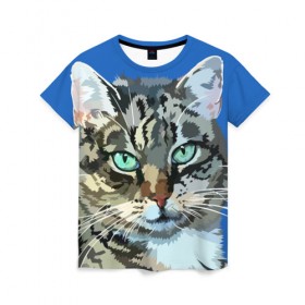 Женская футболка 3D с принтом Котэ в Санкт-Петербурге, 100% полиэфир ( синтетическое хлопкоподобное полотно) | прямой крой, круглый вырез горловины, длина до линии бедер | cat | взгляд | глаза | животные | киска | кот | котёнок | кошка