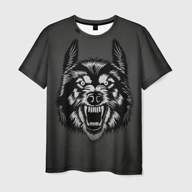 Мужская футболка 3D с принтом Злой оскал волка в Санкт-Петербурге, 100% полиэфир | прямой крой, круглый вырез горловины, длина до линии бедер | аука | бирюк | волк | волчара | волчица | волчок | глаза | животное | животные | зверь | койот | млекопитающее | оскал | санитар леса | силуэт | татуировка | трафарет | уши | хищник | черный | шакал