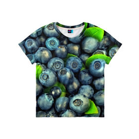 Детская футболка 3D с принтом Голубика в Санкт-Петербурге, 100% гипоаллергенный полиэфир | прямой крой, круглый вырез горловины, длина до линии бедер, чуть спущенное плечо, ткань немного тянется | Тематика изображения на принте: blueberry | голубика | черника | ягоды