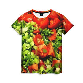 Женская футболка 3D с принтом Салатик в Санкт-Петербурге, 100% полиэфир ( синтетическое хлопкоподобное полотно) | прямой крой, круглый вырез горловины, длина до линии бедер | зеленый | красный | нарезка | овощи | яркий