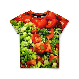 Детская футболка 3D с принтом Салатик в Санкт-Петербурге, 100% гипоаллергенный полиэфир | прямой крой, круглый вырез горловины, длина до линии бедер, чуть спущенное плечо, ткань немного тянется | зеленый | красный | нарезка | овощи | яркий