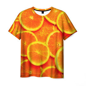 Мужская футболка 3D с принтом Сочные апельсины в Санкт-Петербурге, 100% полиэфир | прямой крой, круглый вырез горловины, длина до линии бедер | Тематика изображения на принте: апельсин | летние | сочные | цитрус | яркие