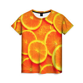 Женская футболка 3D с принтом Сочные апельсины в Санкт-Петербурге, 100% полиэфир ( синтетическое хлопкоподобное полотно) | прямой крой, круглый вырез горловины, длина до линии бедер | апельсин | летние | сочные | цитрус | яркие