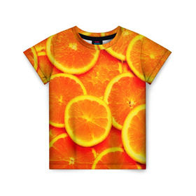 Детская футболка 3D с принтом Сочные апельсины в Санкт-Петербурге, 100% гипоаллергенный полиэфир | прямой крой, круглый вырез горловины, длина до линии бедер, чуть спущенное плечо, ткань немного тянется | апельсин | летние | сочные | цитрус | яркие