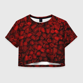 Женская футболка 3D укороченная с принтом Малинки в Санкт-Петербурге, 100% полиэстер | круглая горловина, длина футболки до линии талии, рукава с отворотами | малиновый | паттерн | темный | ягоды