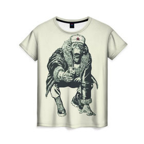 Женская футболка 3D с принтом Обезьяна с пистолетом в Санкт-Петербурге, 100% полиэфир ( синтетическое хлопкоподобное полотно) | прямой крой, круглый вырез горловины, длина до линии бедер | звезда | пистолет | шапка | шимпанзе