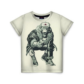 Детская футболка 3D с принтом Обезьяна с пистолетом в Санкт-Петербурге, 100% гипоаллергенный полиэфир | прямой крой, круглый вырез горловины, длина до линии бедер, чуть спущенное плечо, ткань немного тянется | Тематика изображения на принте: звезда | пистолет | шапка | шимпанзе