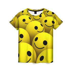 Женская футболка 3D с принтом Счастливые смайлики в Санкт-Петербурге, 100% полиэфир ( синтетическое хлопкоподобное полотно) | прямой крой, круглый вырез горловины, длина до линии бедер | Тематика изображения на принте: no problems | smile | без проблем | весёлый | довольный | оптимизм | позитив | позитивный | радость | смайлики | смех | счастливый | счастье | улыбаться | улыбка | хорошее настроение