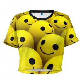Женская футболка 3D укороченная с принтом Счастливые смайлики в Санкт-Петербурге, 100% полиэстер | круглая горловина, длина футболки до линии талии, рукава с отворотами | no problems | smile | без проблем | весёлый | довольный | оптимизм | позитив | позитивный | радость | смайлики | смех | счастливый | счастье | улыбаться | улыбка | хорошее настроение