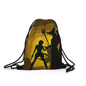 Рюкзак-мешок 3D с принтом Tomb Raider в Санкт-Петербурге, 100% полиэстер | плотность ткани — 200 г/м2, размер — 35 х 45 см; лямки — толстые шнурки, застежка на шнуровке, без карманов и подкладки | желтый | лара крофт | черный