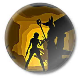 Значок с принтом Tomb Raider в Санкт-Петербурге,  металл | круглая форма, металлическая застежка в виде булавки | желтый | лара крофт | черный