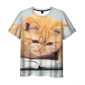Мужская футболка 3D с принтом Кот ученый в Санкт-Петербурге, 100% полиэфир | прямой крой, круглый вырез горловины, длина до линии бедер | грустный | добрый | животное | киса | киска | кот | котенок | котэ | кошка | красивый | лапа | лапка | ласковый | милый | очки | прикольный | рыжий | смешной | унылый | усатый | шерсть