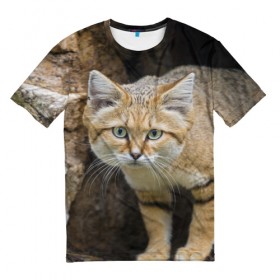 Мужская футболка 3D с принтом Песчаный кот в Санкт-Петербурге, 100% полиэфир | прямой крой, круглый вырез горловины, длина до линии бедер | грустный | добрый | животное | киса | киска кися | кот | котенок | котэ | кошка | красивый | лапа | лапка | ласковый | милый | моська | мурлыка | прикольный | смешной | унылый | усатый | шерсть