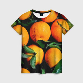Женская футболка 3D с принтом Мандаринчики в Санкт-Петербурге, 100% полиэфир ( синтетическое хлопкоподобное полотно) | прямой крой, круглый вырез горловины, длина до линии бедер | Тематика изображения на принте: зелень | оранжевый | цитрус | яркий