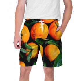 Мужские шорты 3D с принтом Мандаринчики в Санкт-Петербурге,  полиэстер 100% | прямой крой, два кармана без застежек по бокам. Мягкая трикотажная резинка на поясе, внутри которой широкие завязки. Длина чуть выше колен | зелень | оранжевый | цитрус | яркий