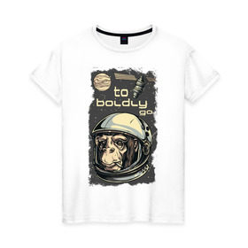 Женская футболка хлопок с принтом Обезьяна космонавт в Санкт-Петербурге, 100% хлопок | прямой крой, круглый вырез горловины, длина до линии бедер, слегка спущенное плечо | космонавт | космос | обезьяна | шимпанзе