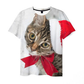 Мужская футболка 3D с принтом Новогодний кот в колпаке в Санкт-Петербурге, 100% полиэфир | прямой крой, круглый вырез горловины, длина до линии бедер | грустный | добрый | животное | киса | киска кися | кот | котенок | котэ | кошка | красивый | лапа | лапка | ласковый | милый | моська | мурлыка | прикольный | смешной | унылый | усатый | шерсть
