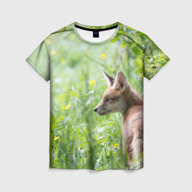Женская футболка 3D с принтом Лисенок в Санкт-Петербурге, 100% полиэфир ( синтетическое хлопкоподобное полотно) | прямой крой, круглый вырез горловины, длина до линии бедер | fox | животное | зверь | красивая | лес | лис | лиса | лисенок | лисица | лисичка | природа | рыжая | рыжий цвет | хвост | хитрая | хищник