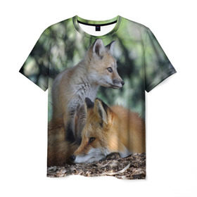 Мужская футболка 3D с принтом Лиса и лесенок в Санкт-Петербурге, 100% полиэфир | прямой крой, круглый вырез горловины, длина до линии бедер | fox | животное | зверь | красивая | лес | лис | лиса | лисенок | лисица | лисичка | мех | патрикеевна | песец | плутовка | прикольная | природа | рыжая | рыжий цвет | сказка | хвост | хитрая | хищник