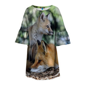 Детское платье 3D с принтом Лиса и лесенок в Санкт-Петербурге, 100% полиэстер | прямой силуэт, чуть расширенный к низу. Круглая горловина, на рукавах — воланы | fox | животное | зверь | красивая | лес | лис | лиса | лисенок | лисица | лисичка | мех | патрикеевна | песец | плутовка | прикольная | природа | рыжая | рыжий цвет | сказка | хвост | хитрая | хищник