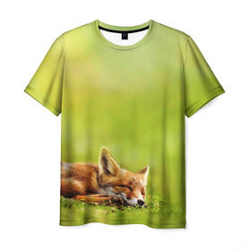 Мужская футболка 3D с принтом Лисичка спит в Санкт-Петербурге, 100% полиэфир | прямой крой, круглый вырез горловины, длина до линии бедер | Тематика изображения на принте: fox | животное | зверь | красивая | лес | лис | лиса | лисенок | лисица | лисичка | мех | патрикеевна | песец | плутовка | прикольная | природа | рыжая | рыжий цвет | сказка | хвост | хитрая | хищник
