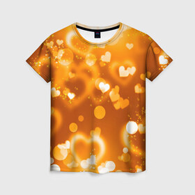 Женская футболка 3D с принтом Сердечки в золоте в Санкт-Петербурге, 100% полиэфир ( синтетическое хлопкоподобное полотно) | прямой крой, круглый вырез горловины, длина до линии бедер | желтый | золотое | сердечки | яркий