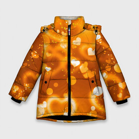Зимняя куртка для девочек 3D с принтом Сердечки в золоте в Санкт-Петербурге, ткань верха — 100% полиэстер; подклад — 100% полиэстер, утеплитель — 100% полиэстер. | длина ниже бедра, удлиненная спинка, воротник стойка и отстегивающийся капюшон. Есть боковые карманы с листочкой на кнопках, утяжки по низу изделия и внутренний карман на молнии. 

Предусмотрены светоотражающий принт на спинке, радужный светоотражающий элемент на пуллере молнии и на резинке для утяжки. | Тематика изображения на принте: желтый | золотое | сердечки | яркий